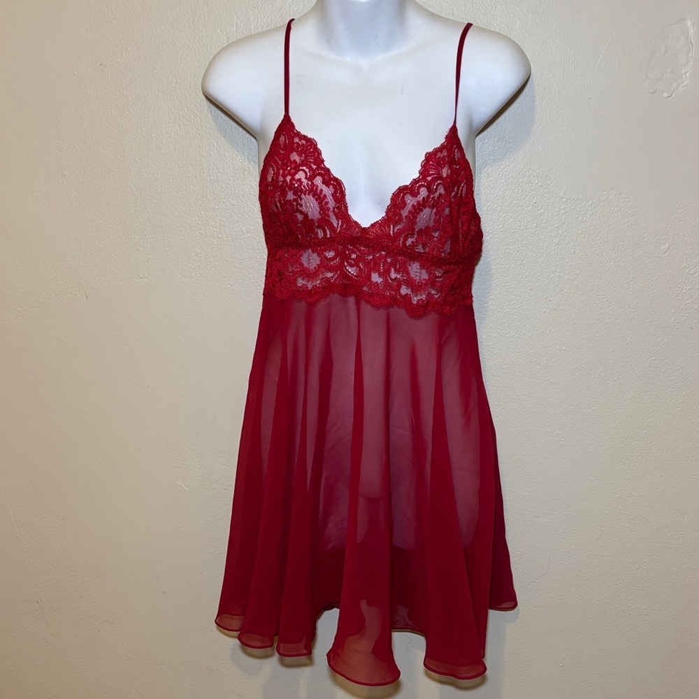 Women's Red Lace & Chiffon Babydoll Chemise - Elegant Sleepwear